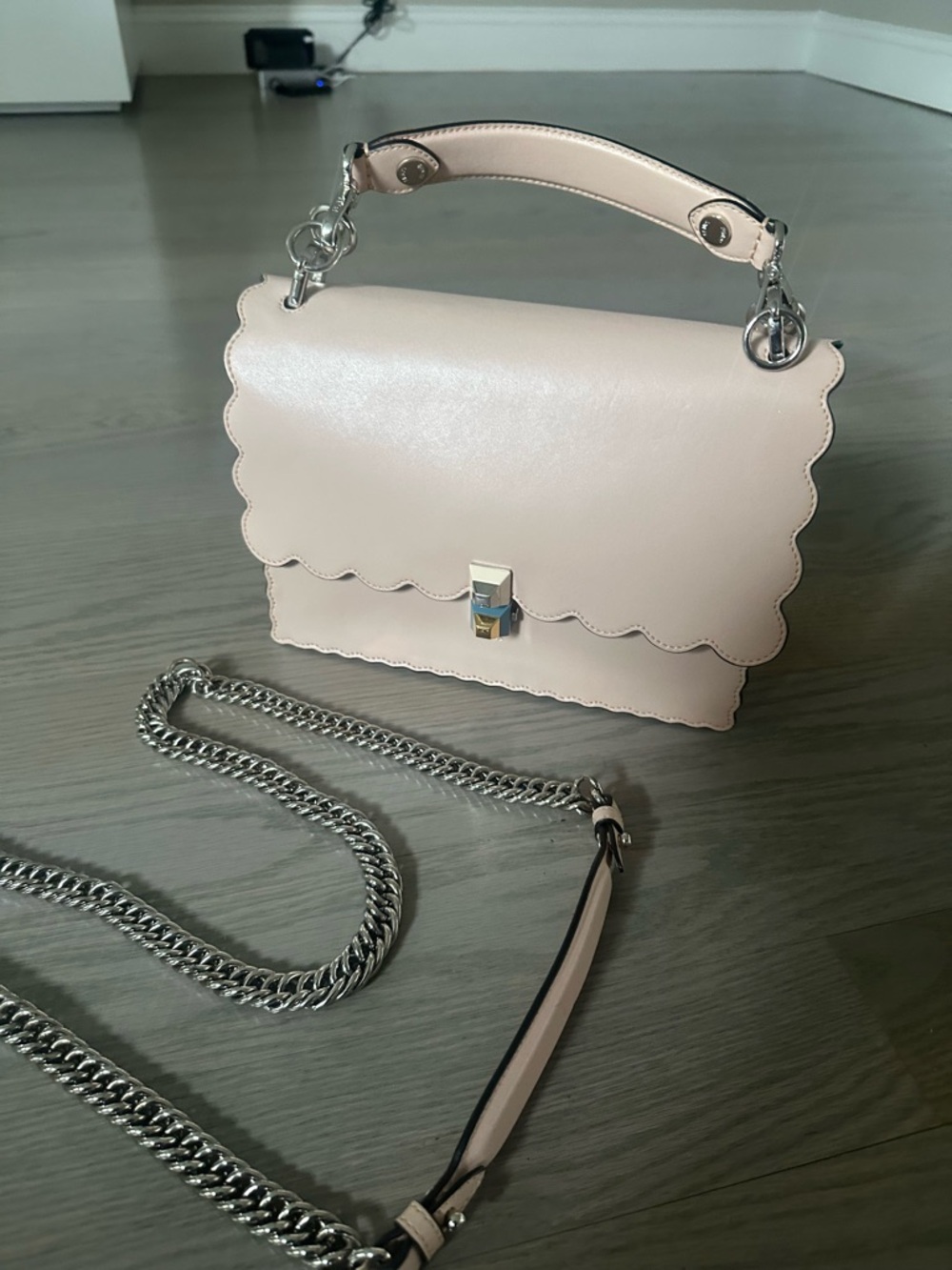 Fendi Cream Scalloped Leather Shoulder Bag with Blue and Gold Hardware